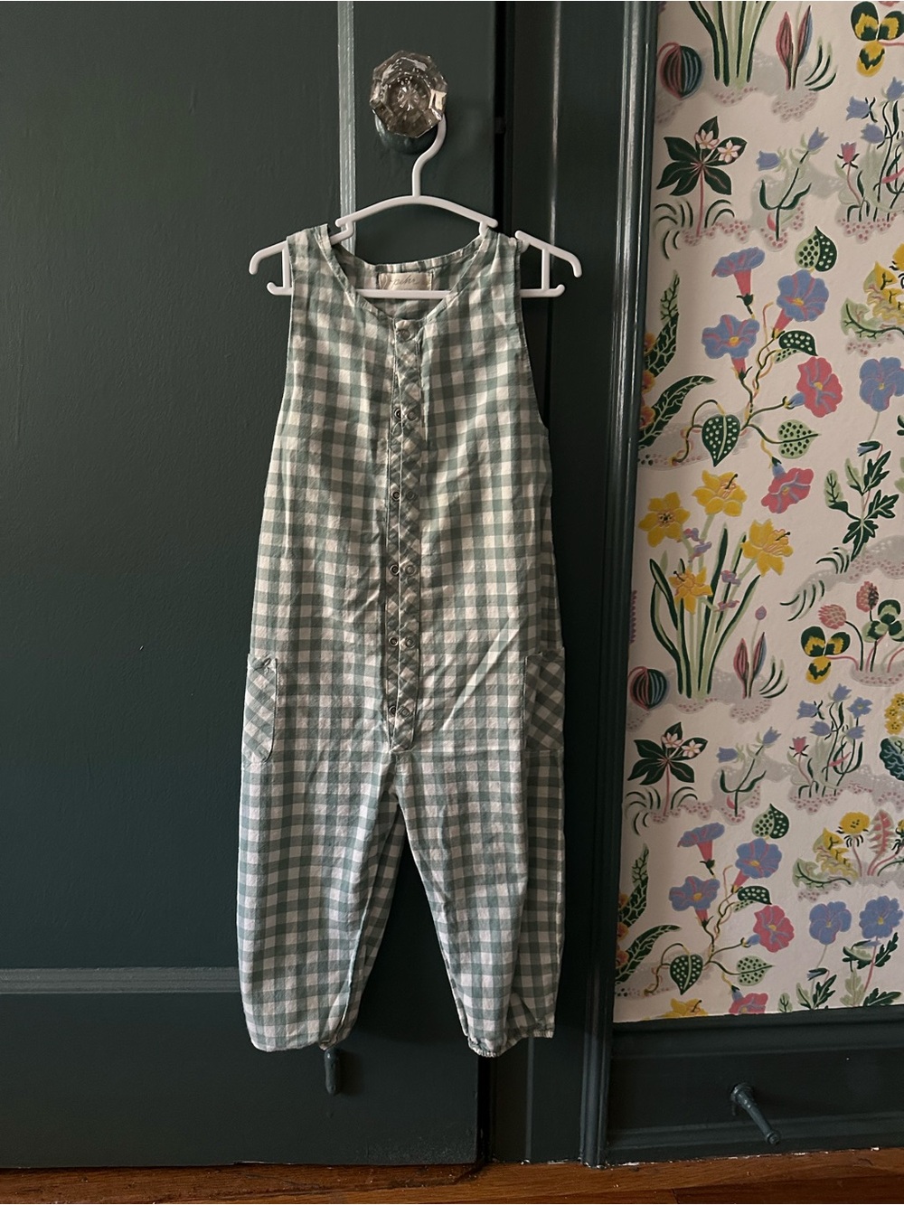 Green Gingham Sleeveless Kids One-Piece Romper